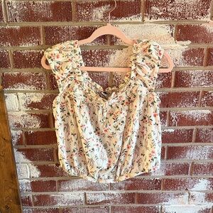 Old Navy Cap-Sleeve Cropped Pintuck Poet Peasant Blouse Size Large Cream Floral